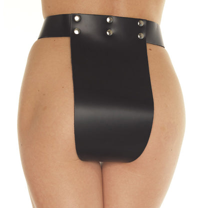 Close-up of rimba leather chastity brief, showcasing the material's texture and intricate buckle detailing.