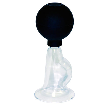 Close-up on rimba glass nipple pump, a large, clear suction device for female use.