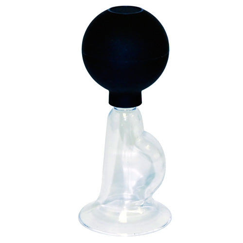 Close-up on rimba glass nipple pump, a large, clear suction device for female use.