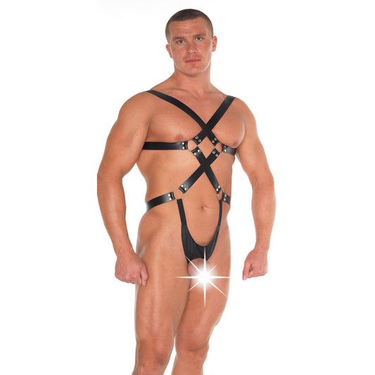 Rimba leather teddy with strappy detailing, a daring and luxurious addition to your boudoir.