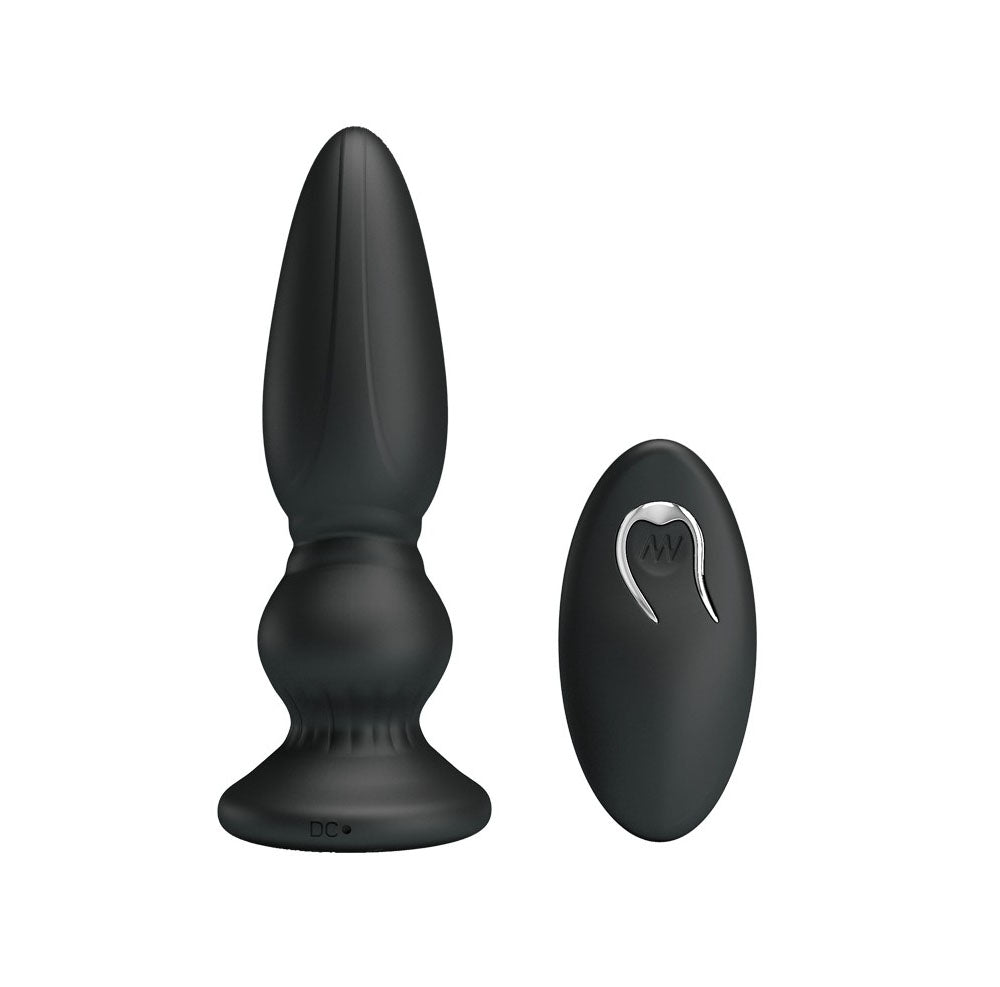 Mr Play vibrating anal plug, smooth black silicone with sleek chrome-look base for pleasure.