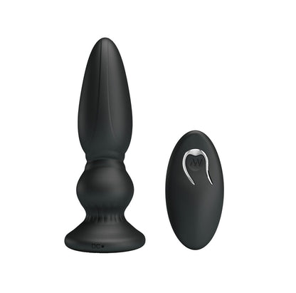 Mr Play vibrating anal plug, smooth black silicone with sleek chrome-look base for pleasure.