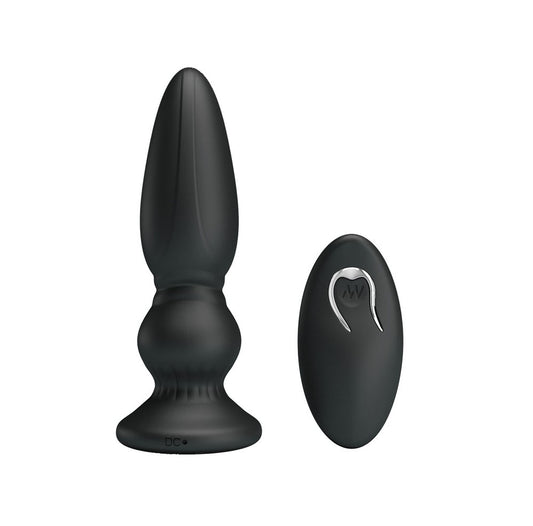 Mr Play vibrating anal plug, smooth black silicone with sleek chrome-look base for pleasure.