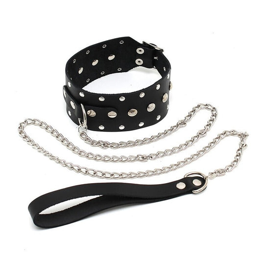 Rimba leather collar with silver-tone chain attachment, showcasing a stylish and durable design.