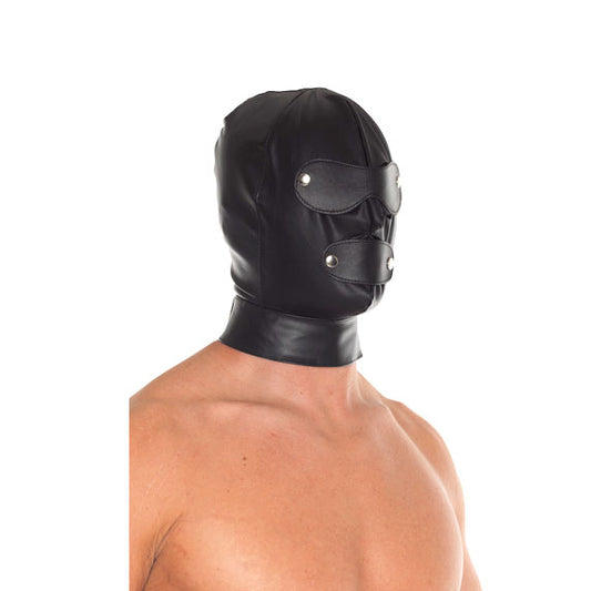 Rimba leather full face mask with detachable blinkers, a bondage hood for sensory play.