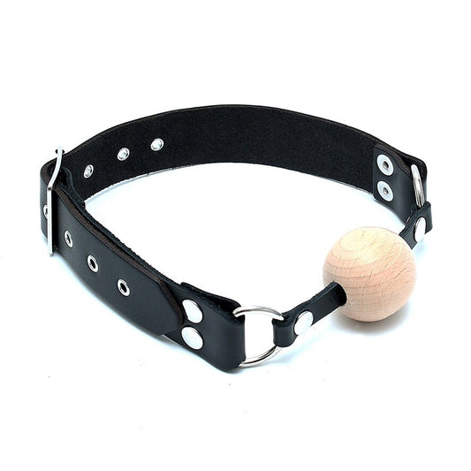 rimba leather gag featuring a smooth wooden ball, part of the gags and bits collection.