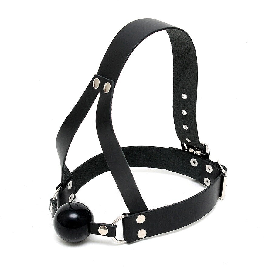 rimba leather ball gag and head harness, for adult bdsm play, black