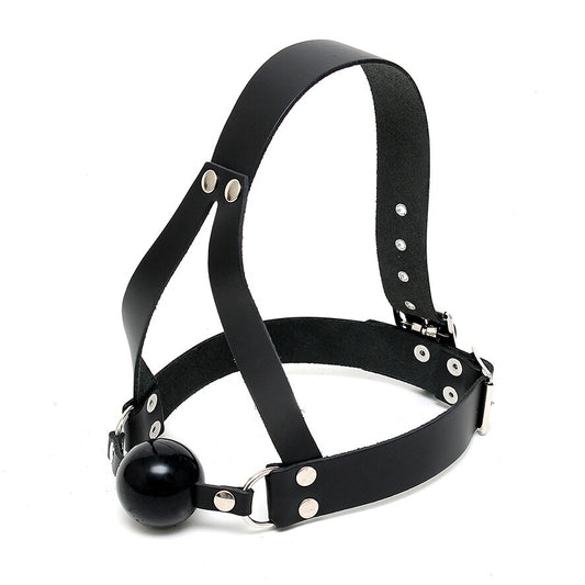 rimba leather ball gag and head harness, for adult bdsm play, black