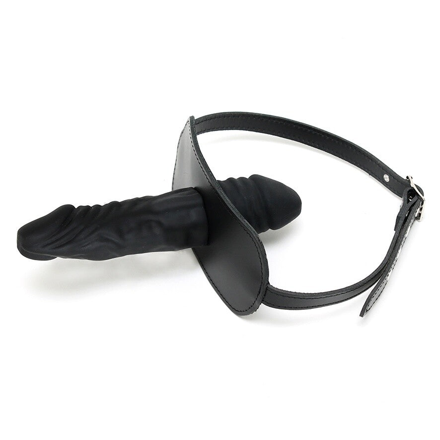 Leather gag with attached dildo, a kinky sex toy for bondage and pleasure play.