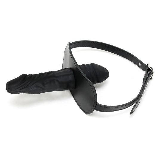 Leather gag with attached dildo, a kinky sex toy for bondage and pleasure play.