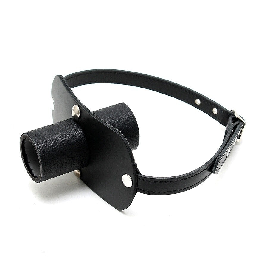 rimba leather gag with urine tube, a rather kinky restraint device for the discerning.