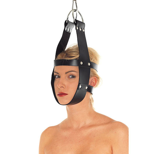 Leather mask hanger with restraint tag, showing the craftsmanship and a bit of cheeky style.