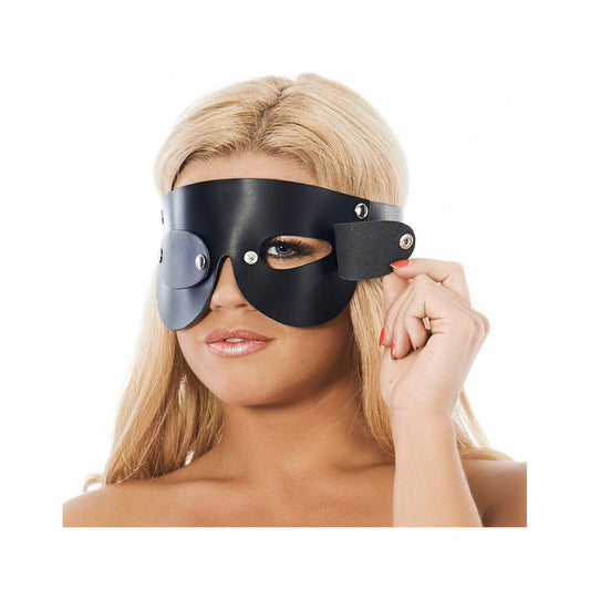 Rimba leather blindfold with detachable blinkers, providing total darkness for relaxation and sensory deprivation.