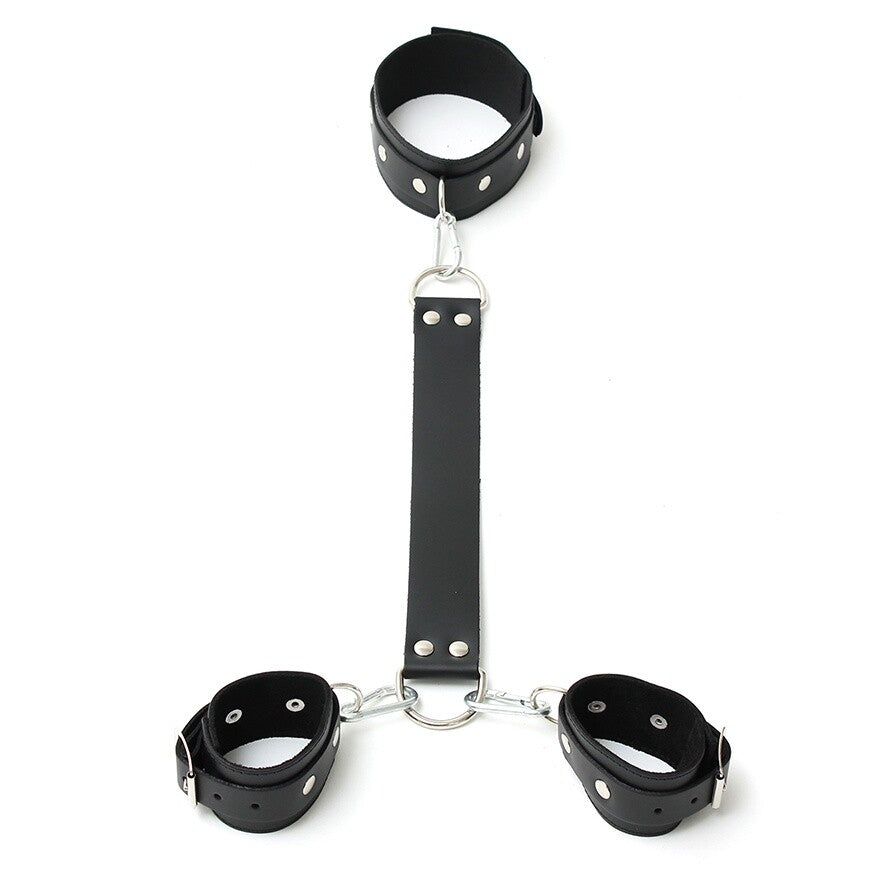 rimba leather neck and wrist restraints, black with silver buckles, kinky accessories