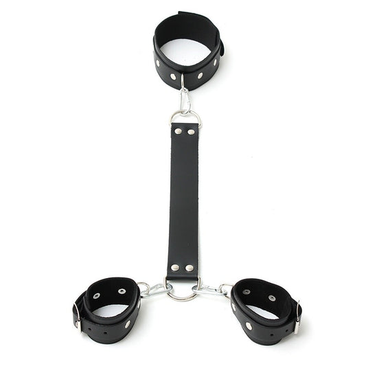 rimba leather neck and wrist restraints, black with silver buckles, kinky accessories