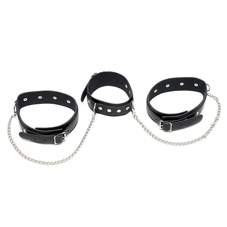 Rimba leather neck and leg chain cuffs, black restraints with a polished finish.