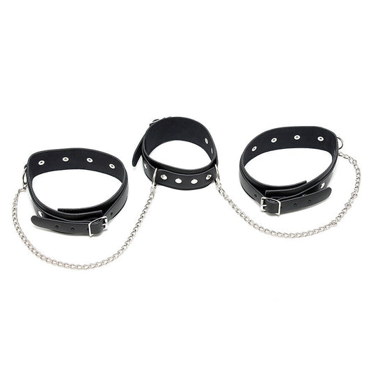 Rimba leather neck and leg chain cuffs, black restraints with a polished finish.