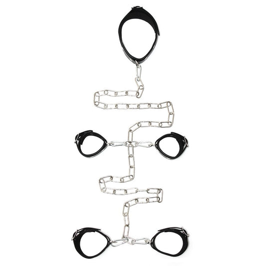 rimba leather hand and foot cuffs, black restraints for playful bondage use.