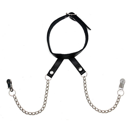 Rimba nipple clamps with neck collar, metal hardware, for erotic play and sensual exploration.