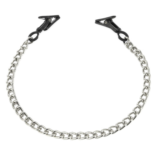 Small, silver-tone metal Rimba nipple clamps, used for erotic nipple play and sensation.