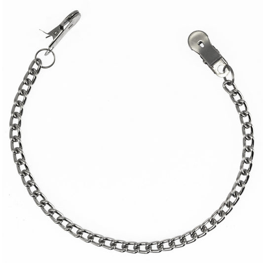 A pair of large Rimba nipple clamps, made from silver-coloured metal, designed for adult use.