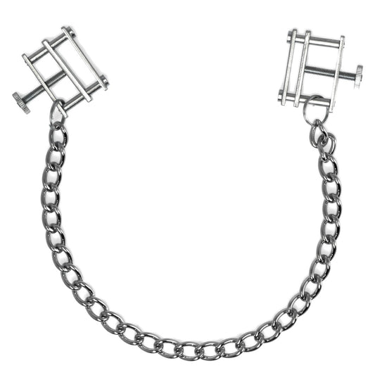 rimba adjustable nipple clamps in silver-toned metal for erotic play and nipple stimulation.
