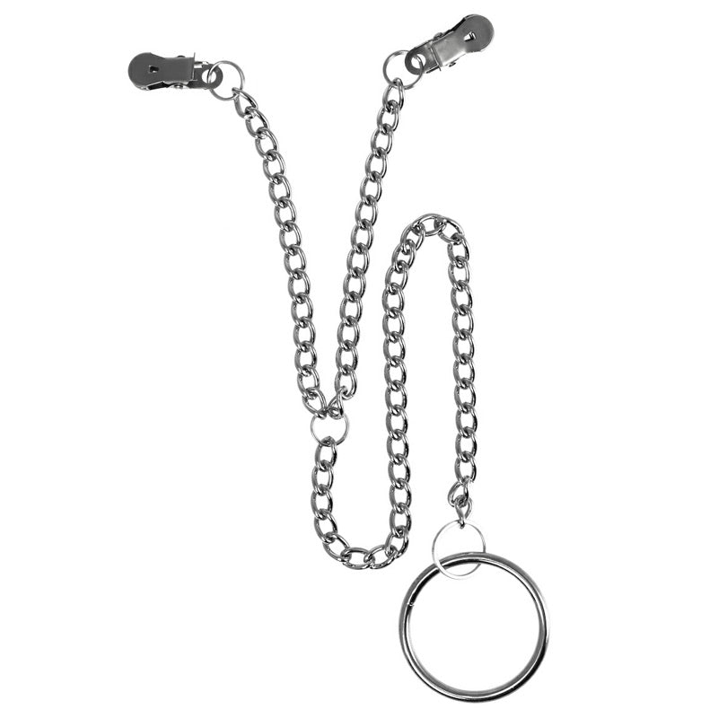Rimba nipple clamps featuring a scrotum ring, crafted from shiny, polished metal.