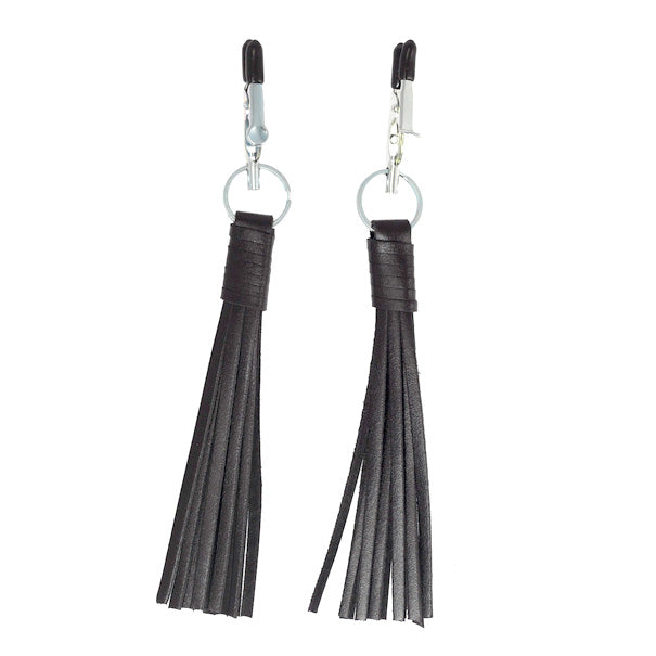 Rimba nipple clamps with black leather tassels for playful sensual exploration