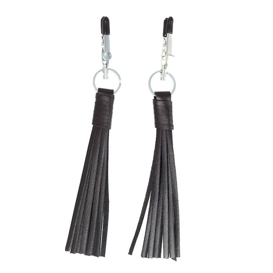 Rimba nipple clamps with black leather tassels for playful sensual exploration