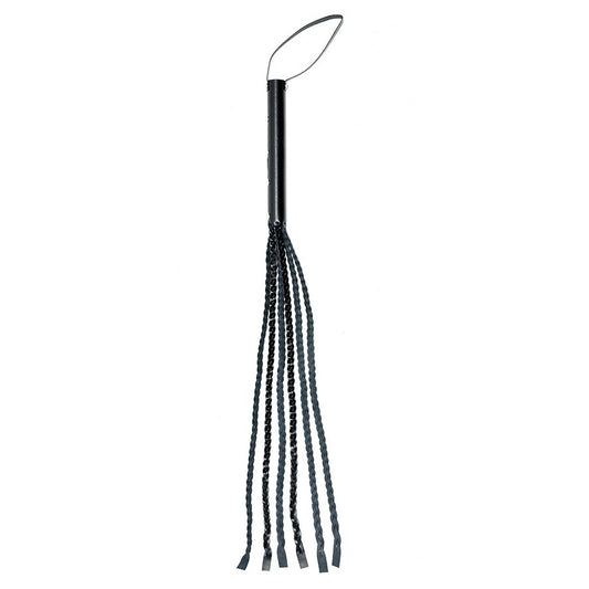 Rimba leather whip, 25.5 inches long, showing the plaited construction and handle detail.