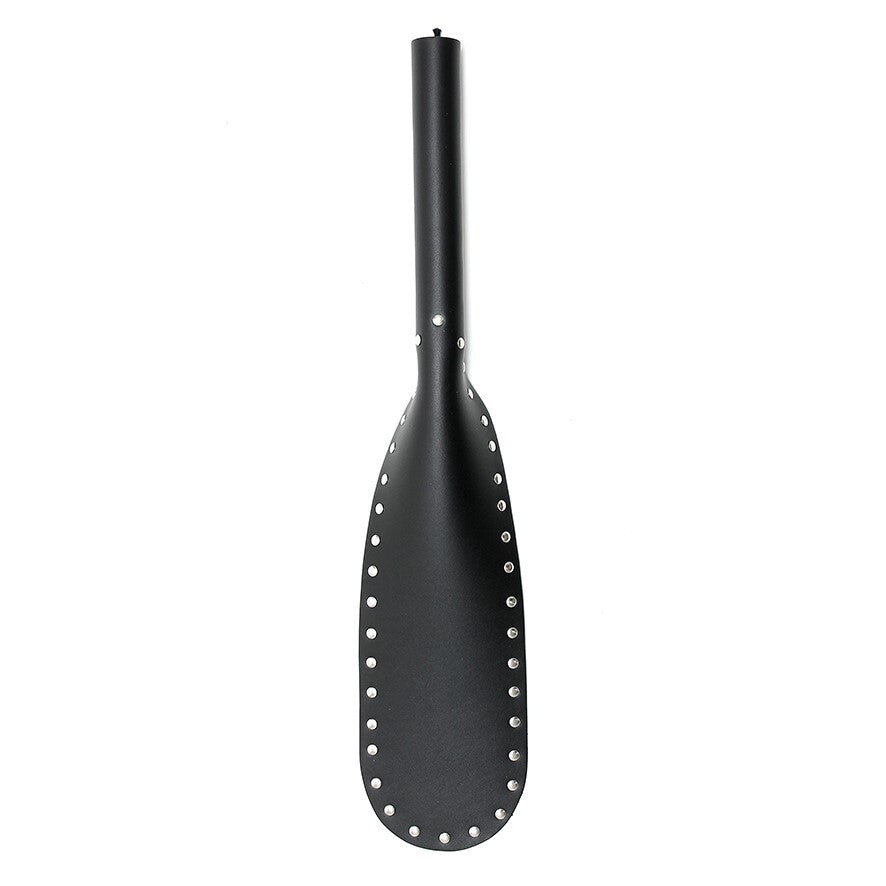 Rimba large leather paddle, showing the smooth tan hide and rounded handle end.