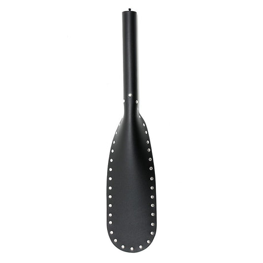 Rimba large leather paddle, showing the smooth tan hide and rounded handle end.