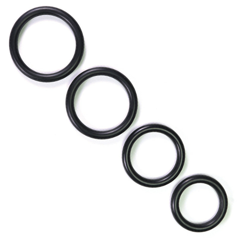 Close-up of a large black rubber cock ring, part of the Rimba love rings collection.
