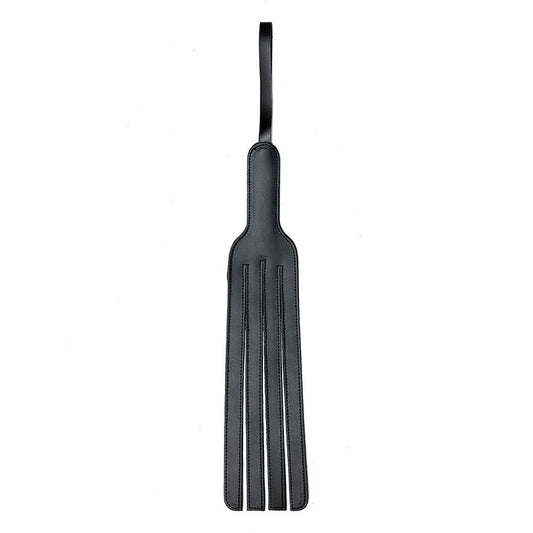 rimba leather forked paddle, tan hide, detail of the hand-stitched finish and tactile design.