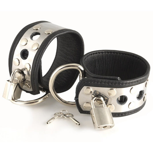 Rimba leather wrist restraints, black with metal detailing and padlock fastenings, handcuffs