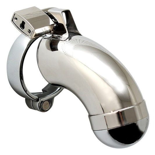 The Rimba Houdini Deluxe, a locked male chastity device in polished silver metal.