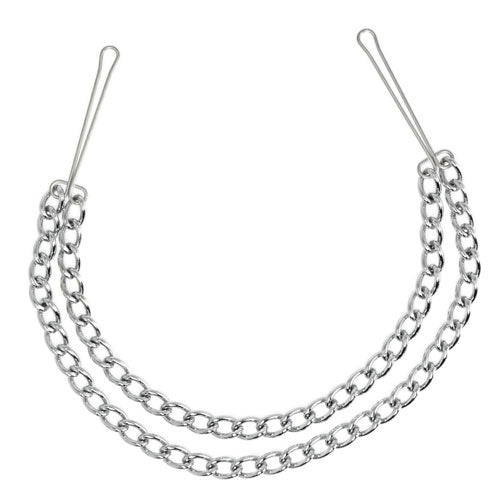 Close-up of Rimba silver-tone metal nipple clamps with double chain, for sensual adult play.