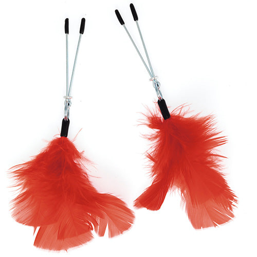 A pair of red feather nipple clamps for adult play, featuring metal clips.