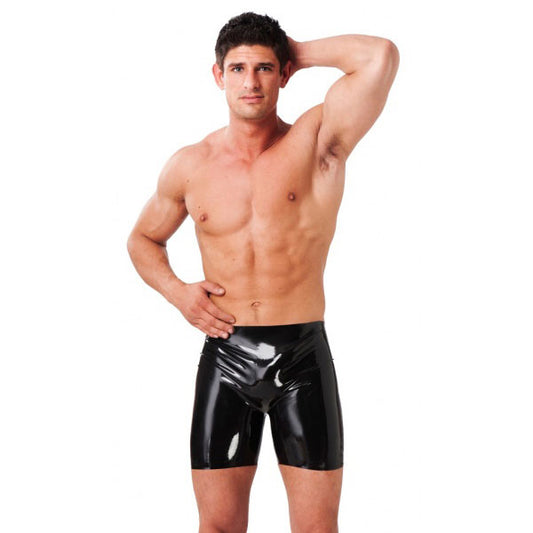 Rimba latex bermuda shorts for men, showcasing the sleek, shiny black material and male styling.