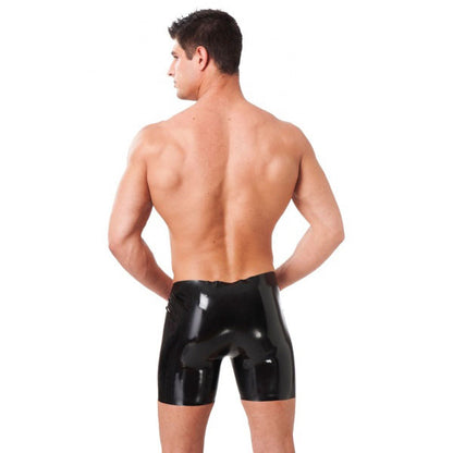 Rimba latex bermuda shorts for men, showing the shiny black material and male styling.