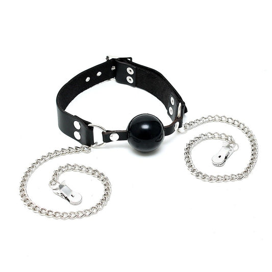 rimba mouth gag and nipple chain, silver metal hardware, a playful bdsm accessory