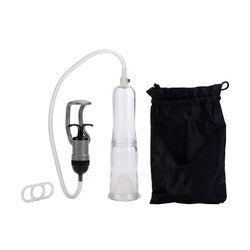 California Exotic travel penis pump system, clear plastic cylinder with a grey hand pump.
