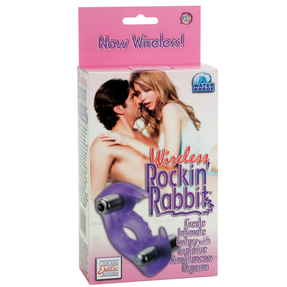 Close-up of a wireless vibrating cockring with rabbit stimulator, black silicone with a smooth finish.