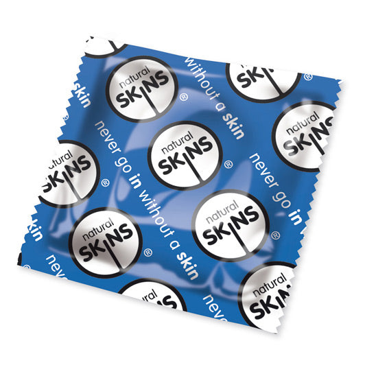 Close-up of a blue box of skins natural condoms, regular fit.