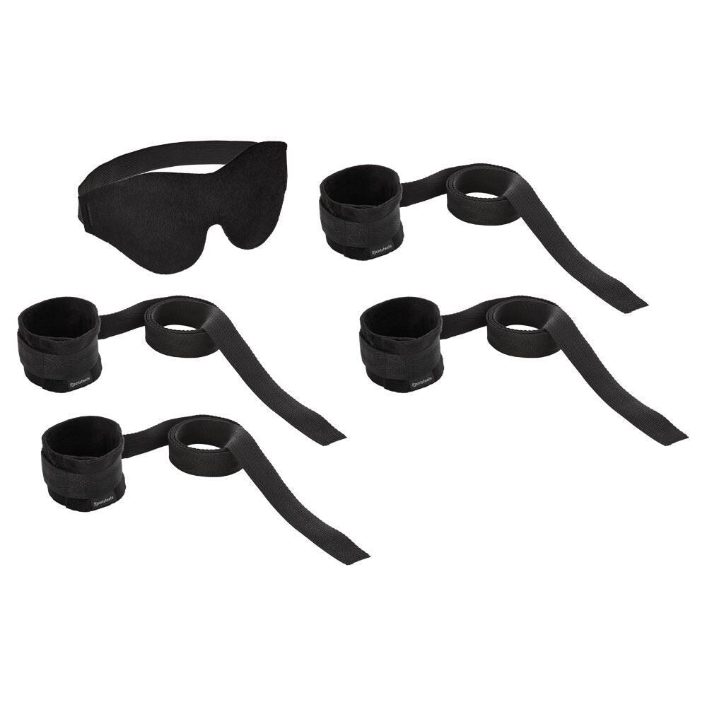 Sportsheets beginner's bondage fantasy set, restraint equipment for playful role-playing, featuring soft black material.