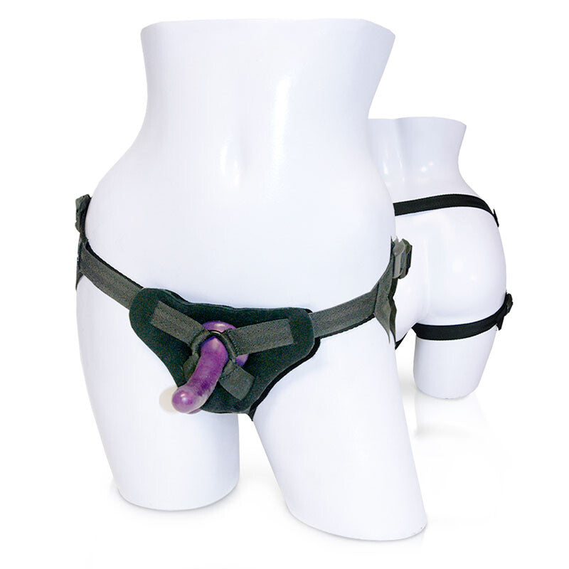 Sportsheets new cummers strap on dildo kit, a black harness with a realistic dildo.