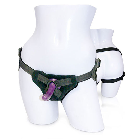 Sportsheets new cummers strap on dildo kit, a black harness with a realistic dildo.